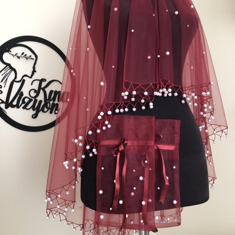 İncili Duvak Eldiven -Bordo-