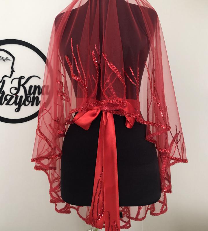Butik  Duvak Kuşak Takımı -Kırmızı-