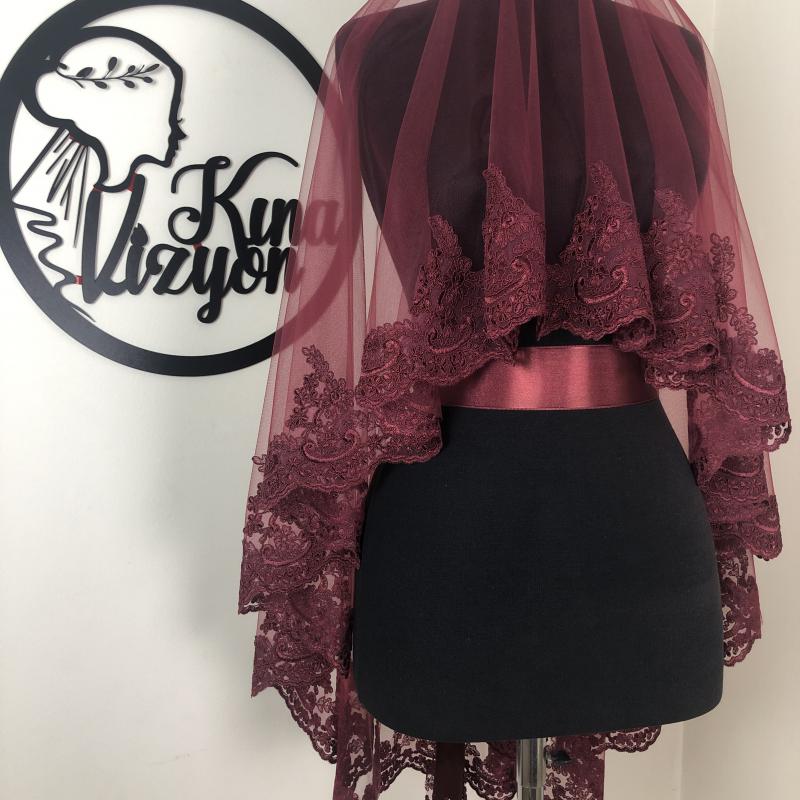 Romantik Duvak Kuşak Takımı - Bordo-