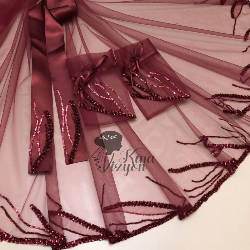 Butik Duvak - Duvak  Kuşak  Eldiven Set -Bordo-