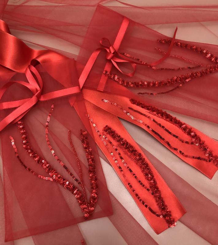 Butik Duvak - Duvak  Kuşak  Eldiven Set -Kırmızı-