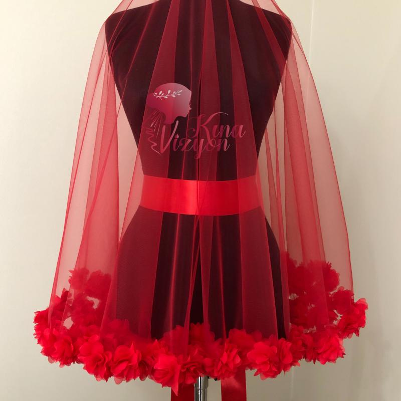 Lazer Çiçekli Duvak Kuşak Takımı -Kırmızı-