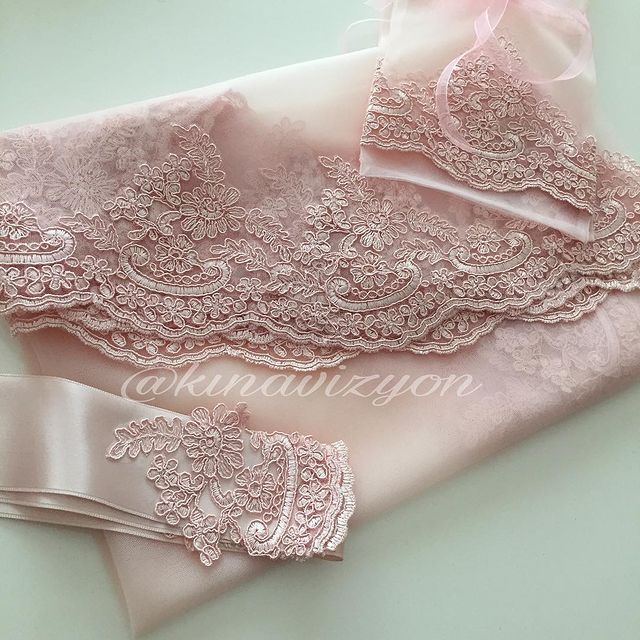 Romantik Duvak Kuşak  Eldiven Set -Kırmızı-