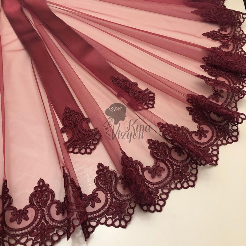 Romantik Duvak Kuşak Eldiven Set-Bordo-