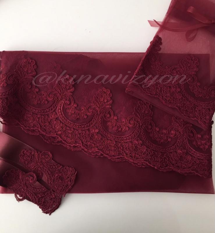 Gül Desen Duvak Kuşak  Eldiven Set -Bordo-