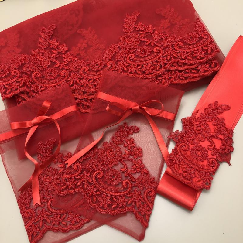 Romantik Duvak Kuşak  Eldiven Set -Kırmızı-