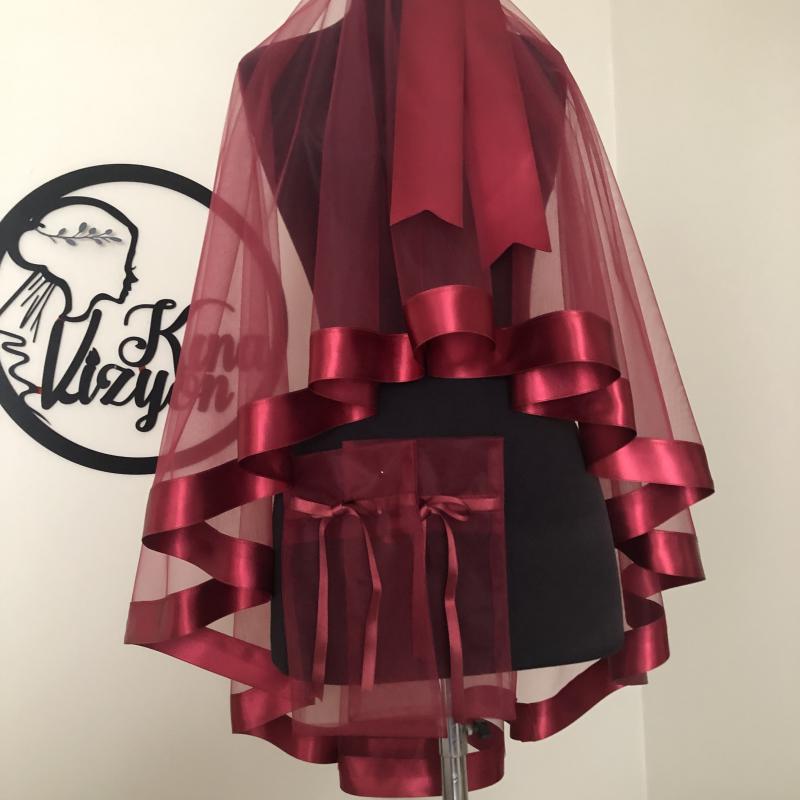 Kurdeleli  Duvak Kuşak  Eldiven Set -Bordo-