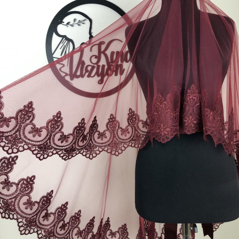 Romantik Duvak Kuşak Eldiven Set-Bordo-