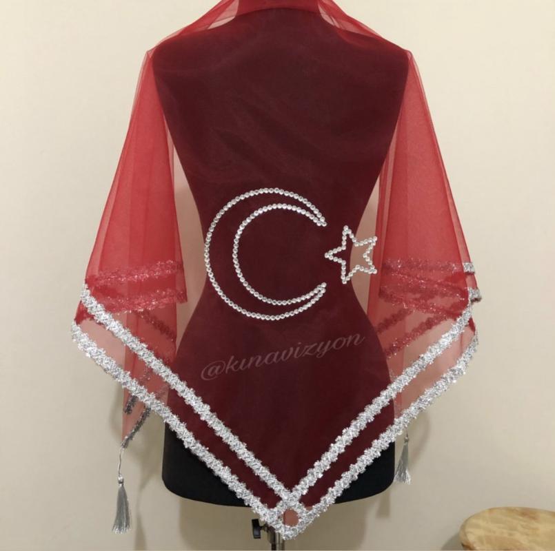 Kırmızı Ayyıldız Damat Örtü -Gümüş Kenar -