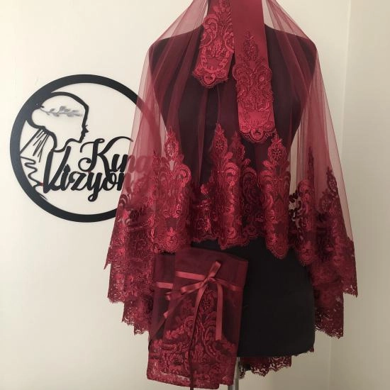 Buse Duvak Kuşak  Eldiven Set -Bordo-