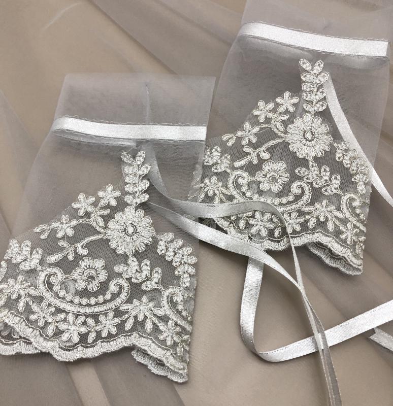Romantik Duvak Ve Eldiven Set  -Gümüş-