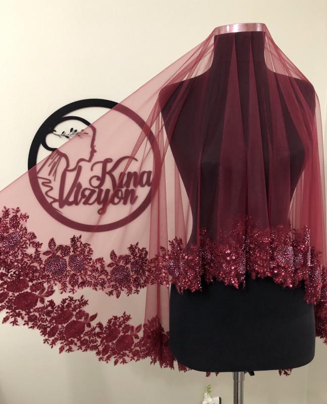 Hüma Duvak Kuşak  Eldiven Set -Bordo-