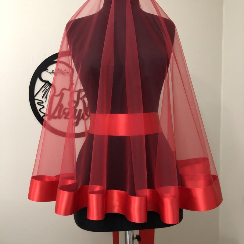 Geniş Kurdeleli Duvak Kuşak Takımı -Kırmızı-