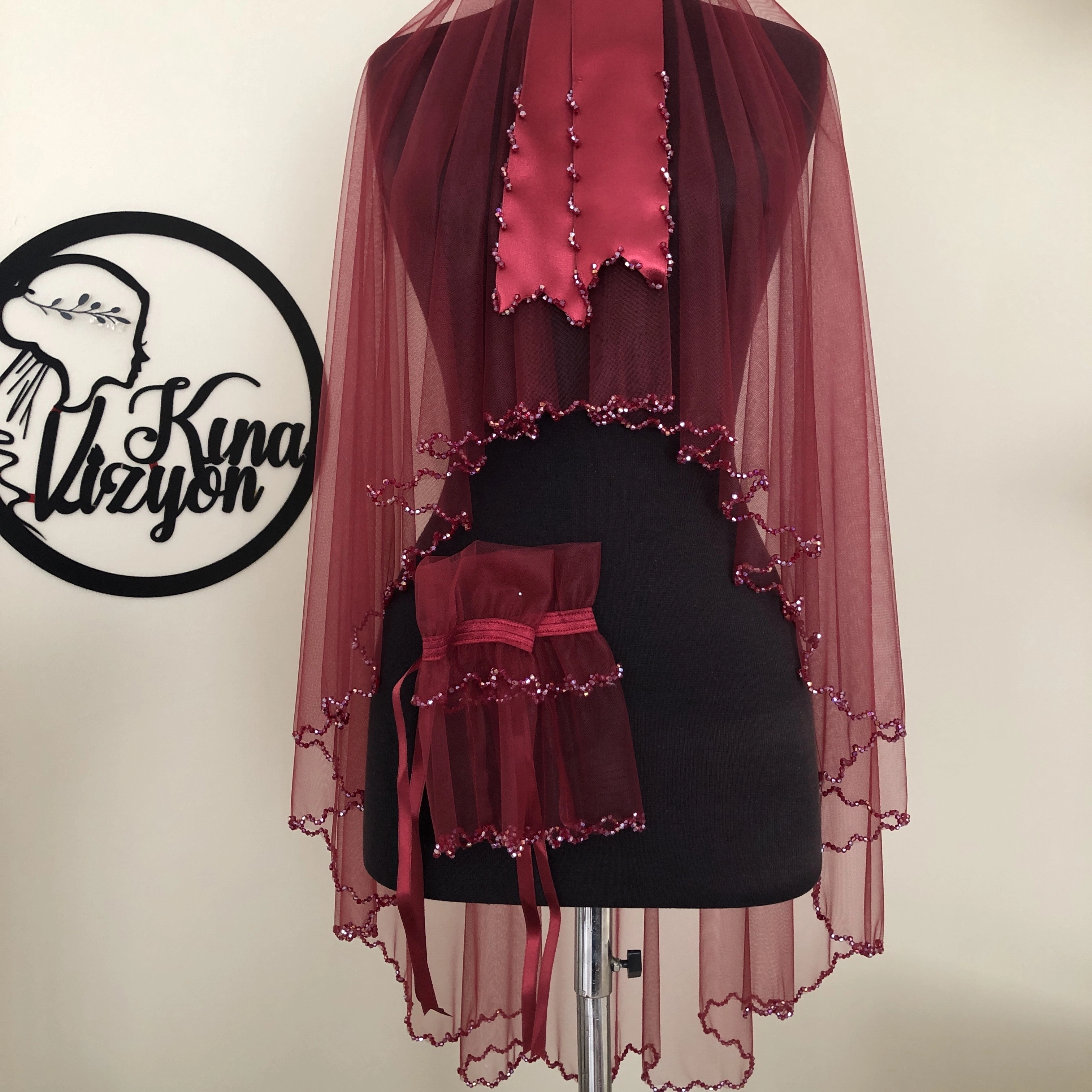  Crystal  Duvak Kuşak  Eldiven Set -Bordo-