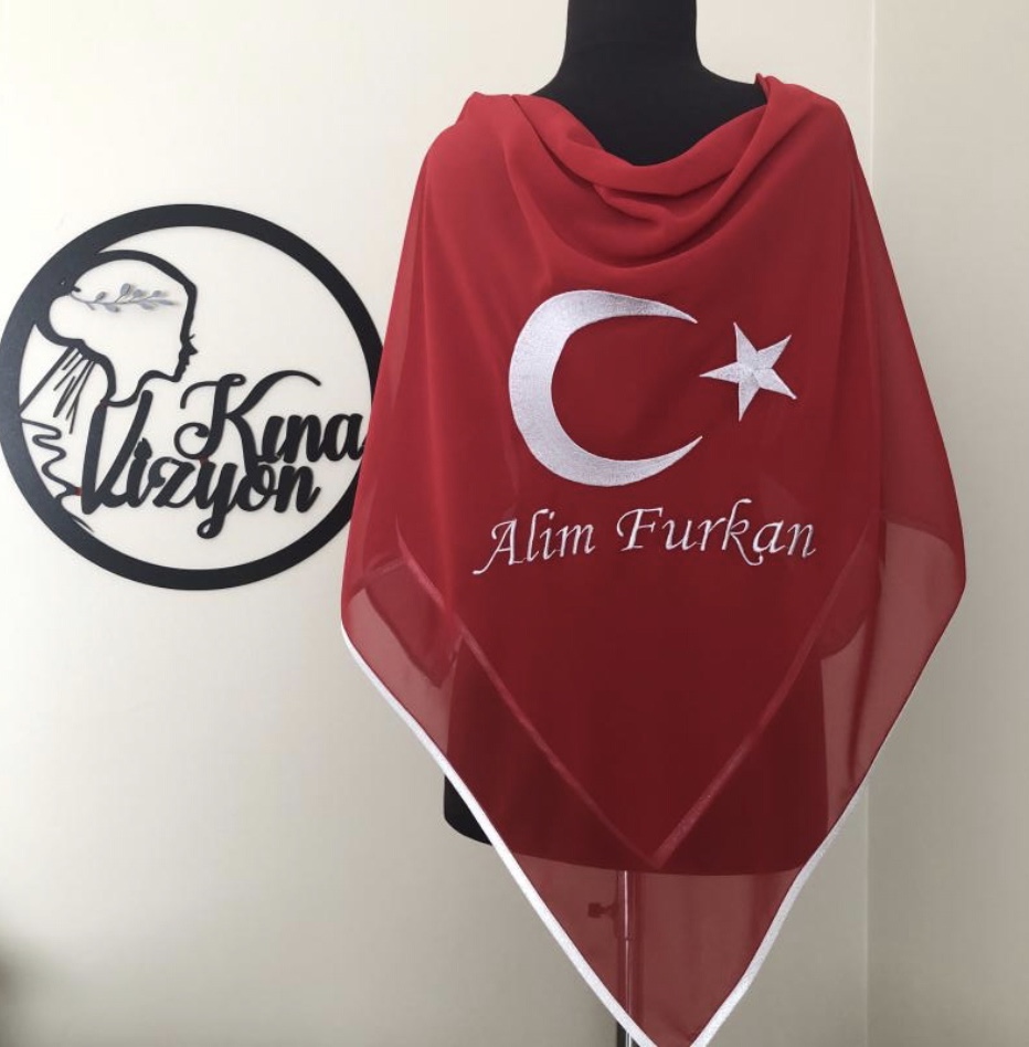 İsim ve Ay Yıldız Nakışlı Damat Örtüsü- Gümüş Kenar-