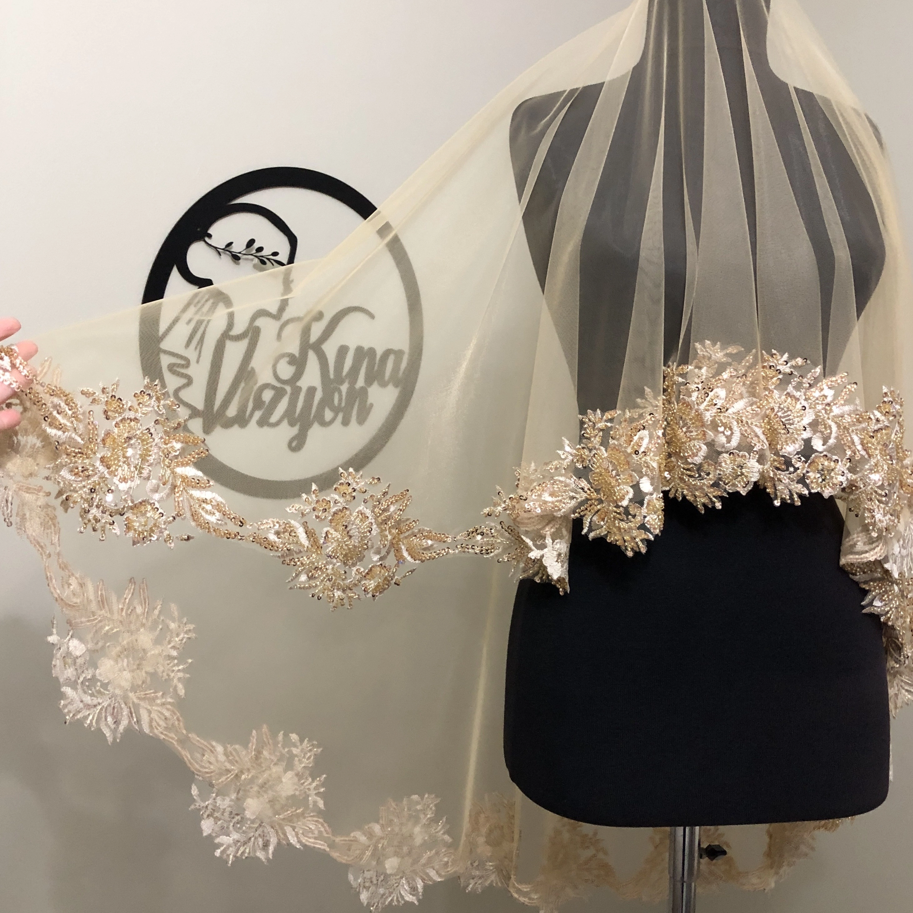 Lalezar Duvak ve Eldiven  Set - Gold -