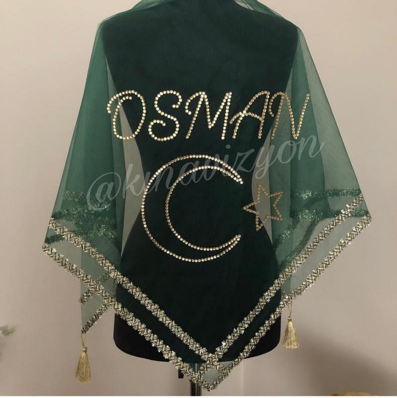İsim+ Ay Yıldız Damat Örtüsü -Gold Kenar-