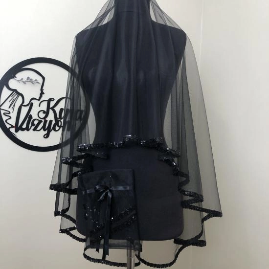 Payetli Duvak Eldiven Takımı  - Siyah-